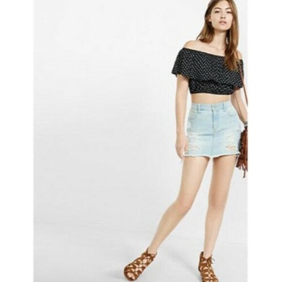 Express Milkmaid Crop Top Medium Black White Ikat print Off The Shoulder Bardot - Picture 2 of 6